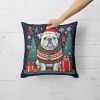 White English Bulldog Christmas Throw Pillow Machine Washable, Indoor Outdoor Decorative Pillow for Couch, Bed or Patio, 14Hx14W